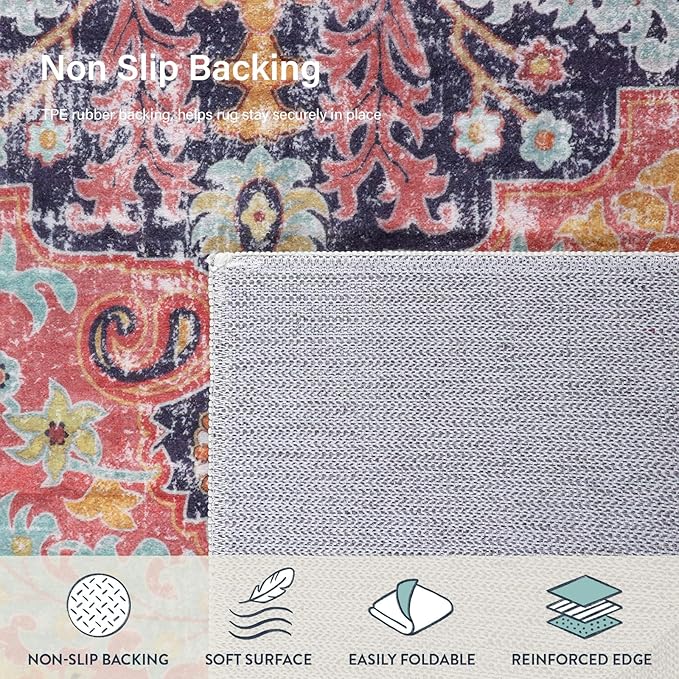 Lahome Boho 2'8"x10' Washable Hallway Kitchen Runner Rugs with Rubber Backing, Bohemian Non-Slip Soft Kitchen Runners, Non-Shedding Faux Wool Stair Carpet Runner for Hall Bathroom, Fuchsia/Multi