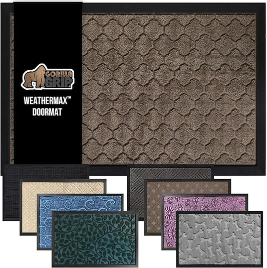 GORILLA GRIP 100% Waterproof All-Season WeatherMax Doormat, 34x58, US Designed Natural Rubber, Stain and Fade Resistant, Low Profile Indoor Outdoor Door Mats, Easy Clean Patio Mat, Latte Quatrefoil