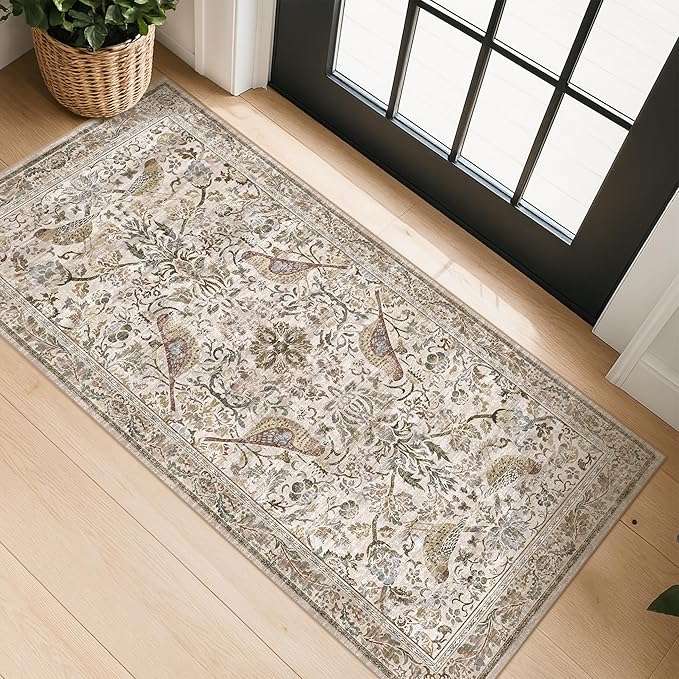 Boho Moss 2x4 Small Rugs for Entryway, Vintage Washable Low Pile & Soft Throw Rugs for Kitchen, Bathroom - Classic Home Décor, Bird & Botanical Design Stain Resitant Non Slip Carpet