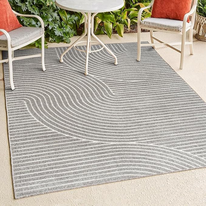 JONATHAN Y Hallie High-Low Curve Gray/Ivory Indoor/Outdoor Area Rug, 9x12, Minimalist, Pet Friendly, Non-Shedding, Stain Resistant, Hose-Washable for Backyard, Patio, Porch (SCN100A-9)