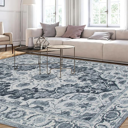 WILLSUN Washable Area Rugs, 8x10 Non-Slip Boho Large Area Rugs for Living Room, Bedroom, Machine Washable Vintage Rug, Indoor Floral Print Carpet for Home Decor, Kid & Pet Friendly Mat