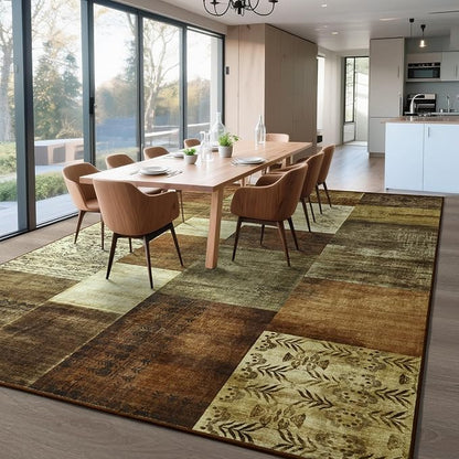 Tepook Modern Area Rug for Living Room, 8x10 Geometric Large Rugs for Bedroom, Washable Patchwork Rug Indoor Non-Slip Throw Carpets for Dining Room Office Farmhouse Home Decor, Brown