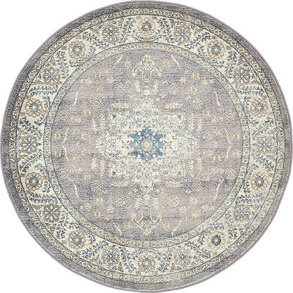 Unique Loom Salzburg Collection Classic Traditional Design Oriental Inspired Border Area Rug (5' 0 x 5' 0 Round, Gray/Beige)