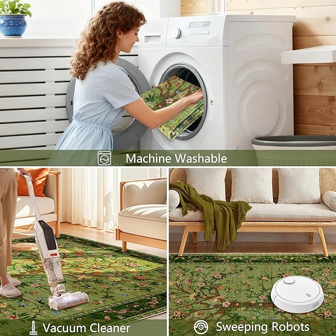Green Area Rug 3x5 Washable, Non-Slip Small Rug Carpet, Floral Boho Low Pile Soft Throw Rugs for Entryway, Bedroom, Kids Room, Dorm, Office, Nursery, Vintage Home Decor