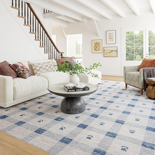 Dash & Albert Valen Plaid Blue Machine Washable Rug, 3 X 5 Feet, Blue/White Plaid Pattern