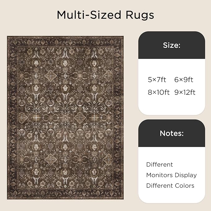 5X7 Area Rugs for Living Room, Soft Rugs Brown Washable Rug, Indoor Vintage Rugs for Bedroom Home Office Laundry, Rubber Backed Non Slip Low Pile Carpet, Dark Brown