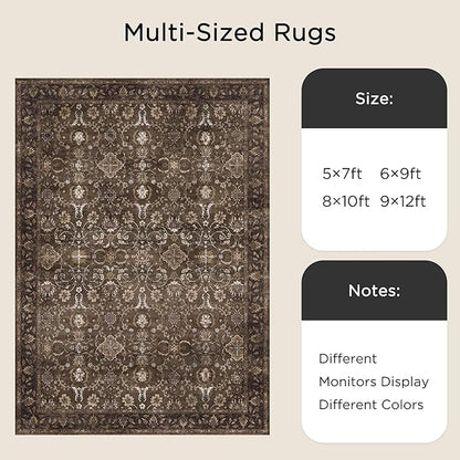 8x10 Washable Rugs for Living Room, Soft Large Rugs Brown Area Rug, Indoor Vintage Carpet for Bedroom Dining Room Office, Rubber Backed Non Slip Low Pile Mat, Dark Brown