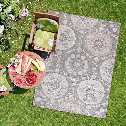 CAMILSON Indoor Outdoor Rug 6x9 Bohemian Medallion Floral Area Rugs for Indoor and Outdoor Patios Easy-Cleaning Non-Shedding Living Room Garden and Kitchen Washable Outside Carpet (6 x 9 / Beige)