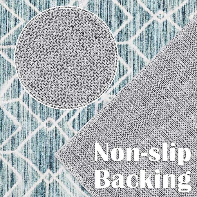 jinchan Moroccan 6x9 Area Rugs for Living Room - Machine Washable Modern Geometric Stain Resistant Ultra-Thin Low-Pile Large Rug Non-Slip Carpet for Bedroom Kitchen Dining Room (6x9ft, Teal Blue)