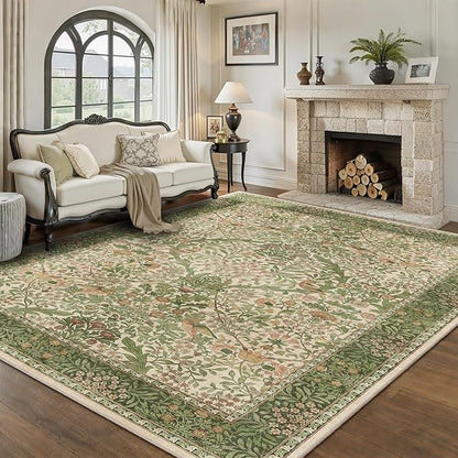 6x9 Floral Washable Area Rug for Living Room, Vintage Boho Rugs for Bedroom Dining Room, Botanical Birds Non Slip Low Pile Forest Throw Carpet for Farmhouse Office, Retro Pink/Green