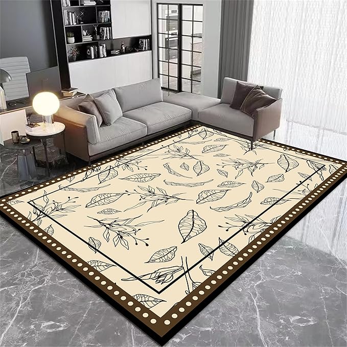 Medieval French Style Area Rugs 8x10ft, Off-White Botanical Leaf Pattern Rug, Low Pile Carpet, Washable & Non-Slip for Living Room, Bedroom, Dining Room, Dorm