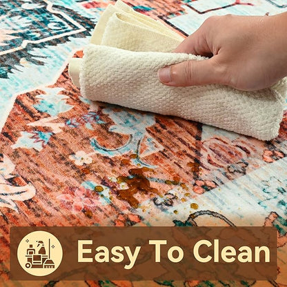 YJ.GWL Area Rugs for Living Room 4x6 Machine Washable Rugs for Bedroom, Non Slip Floral Vintage Rug Indoor Carpet, Stain Resistant Throw Rug for Dining Room Kitchen, Copper Tan