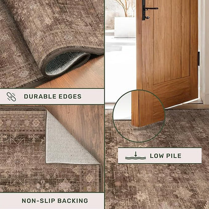 Brown Washable Long Runners for Hallways, 2x10 Wide Kitchen Runner Rug, Entryway Indoor Rug, Non Slip Rubber Backing Boho Vintage Dark Floor Decor