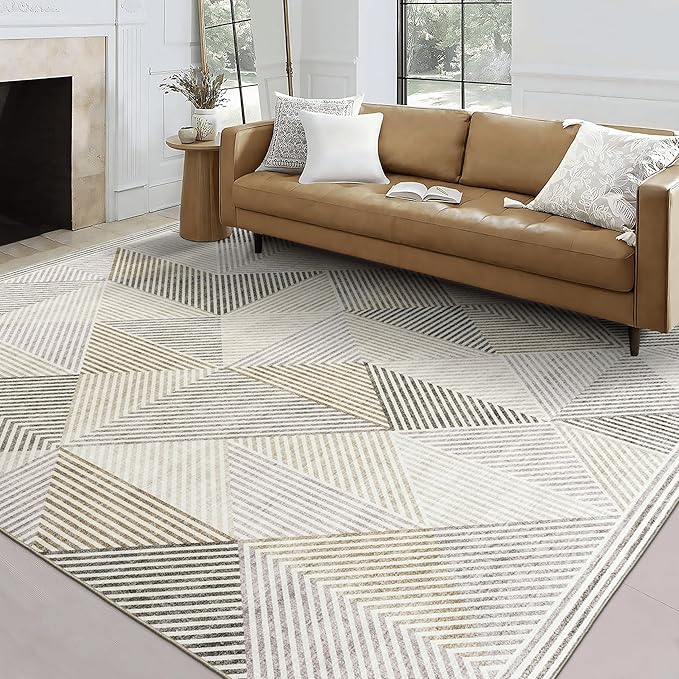ReaLife Rugs Machine Washable Area Rug - Living Room Bedroom Bathroom Kitchen Entryway Office - Padded Low Pile Stain Resistant Premium - Modern Geometric Contemporary - Miles - Beige 5' x 7'