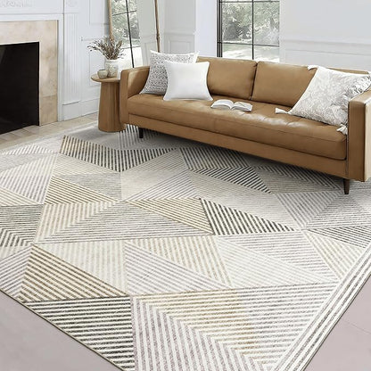 ReaLife Rugs Machine Washable Area Rug Runner - Living Room Bedroom Bathroom Kitchen Entryway Office - Padded Low Pile Stain Resistant Premium - Modern Geometric Contemporary - Miles - Beige 3' x 5'