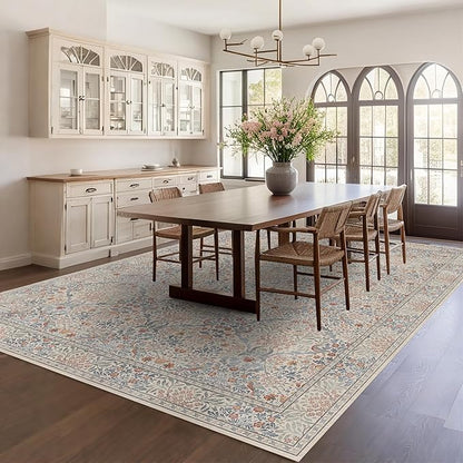 9x12 Floral Washable Area Rugs for Living Room, Vintage Boho Large Rug for Bedroom Dining Room， Distressed Botanical Birds Non Slip Low Pile Forest Animal Throw Carpet for Farmhouse Office, Beige Blue