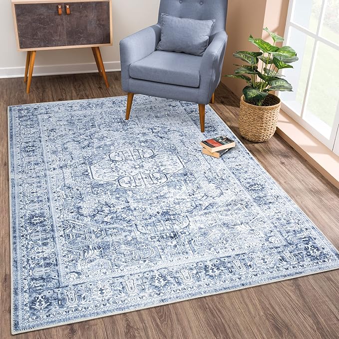 Bloom Rugs Washable Non-Slip 5' x 7' Rug - Ivory/Denim Blue Traditional Medallion Area Rug for Living Room, Bedroom, Dining Room, and Kitchen - Exact Size: 5' x 7'