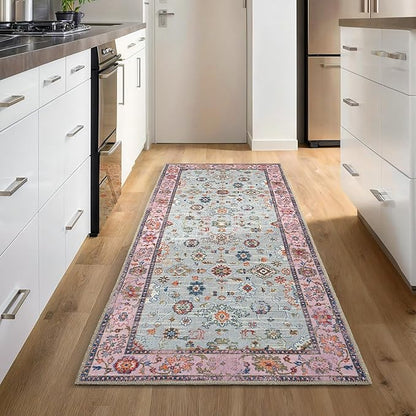 GLN Rugs Traditional Collection - Machine Washable Area Rug, Traditional Washable, Non Slip, Low Pile Chenille Rug, Living Room, Bedroom, Kitchen Rug (2'6" x 10' Pink/Blue/Multicolor)