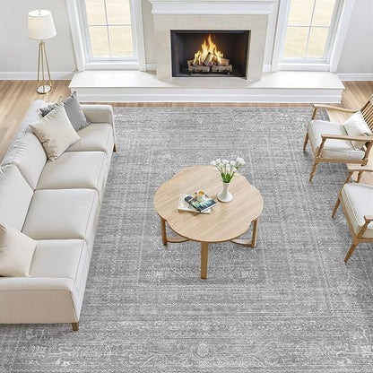 10x14 Area Rugs Living Room: Washable Large Vintage Grey Rug Neutral Non-Slip Soft Stain Resistant Indoor Carpet for Bedroom Nursery Dining Room Under Table Bed Home House Office Playroom