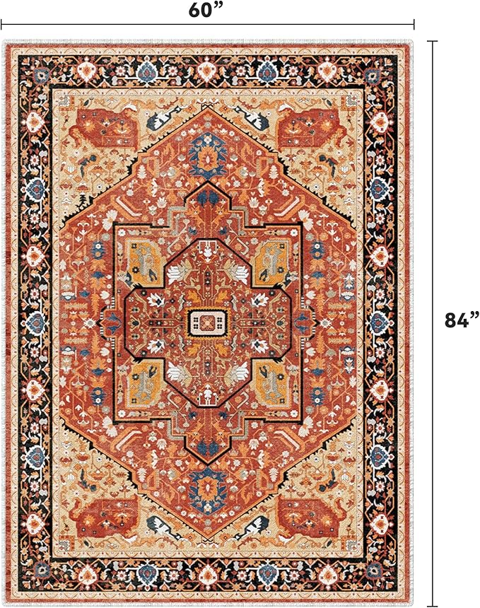 EnHomee 5x7 Area Rugs Washable for Bedroom, Boho Vintage Rugs, Foldable Area Rug for Dining Room, Non-Slip Soft Living Room Rug, Low Pile Large Carpet for Bathroom, Red