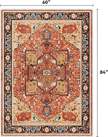 EnHomee 5x7 Area Rugs Washable for Bedroom, Boho Vintage Rugs, Foldable Area Rug for Dining Room, Non-Slip Soft Living Room Rug, Low Pile Large Carpet for Bathroom, Red