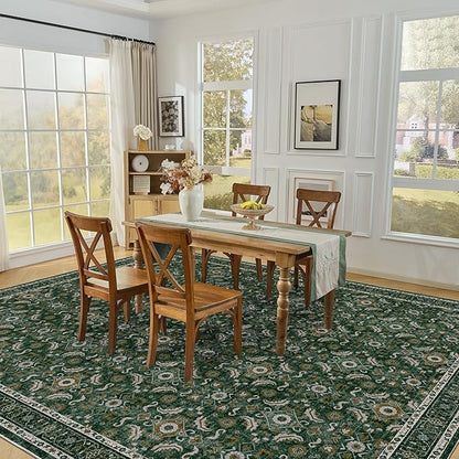 WITSHOCK Living Room Area Rugs 12x15: Soft Non-Slip Backing Washable Rugs Vintage Large Carpet for Bedroom Office Dining Room Kitchen Stain Resistant Home Decor Rug, Dark Green