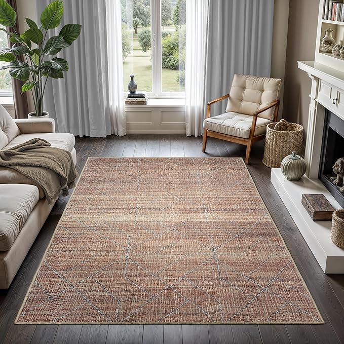 GLN Rugs Contemporary Collection - Machine Washable Area Rug, Contemporary Washable, Non Slip, Low Pile Chenille Rug, Living Room, Bedroom, Kitchen Rug (6' x 9' Terra/Brown)