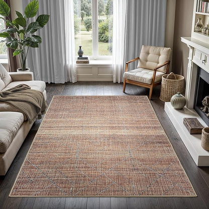 GLN Rugs Contemporary Collection - Machine Washable Area Rug, Contemporary Washable, Non Slip, Low Pile Chenille Rug, Living Room, Bedroom, Kitchen Rug (8' x 10' Terra/Brown)