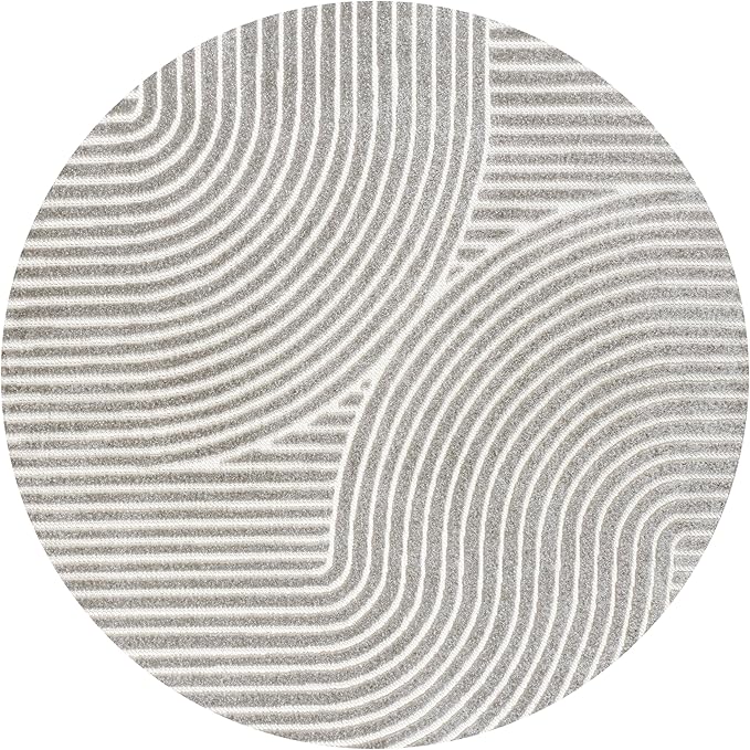 JONATHAN Y Hallie High-Low Curve Gray/Ivory 6' Round Indoor/Outdoor Area Rug, Minimalist, Pet Friendly, Non-Shedding, Stain Resistant, Hose-Washable for Backyard, Patio, Porch (SCN100A-6R)