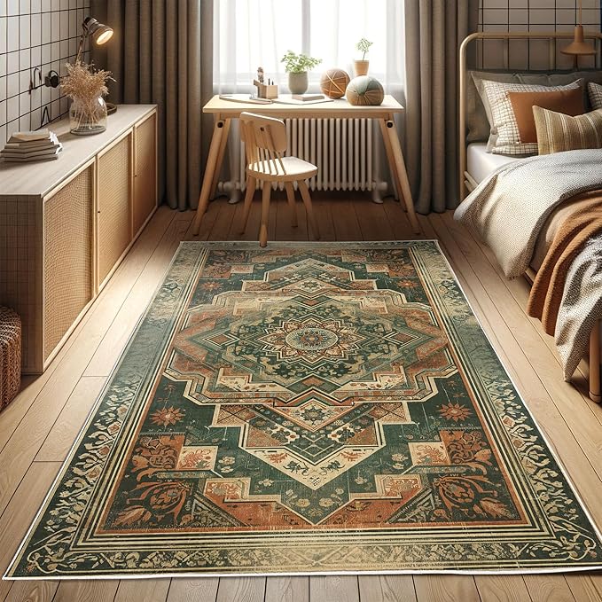 Ambesonne Oriental Boho Decorative Rug, Bohemian Flowery Mandala with Abstract Geometric Details Print, Quality Carpet for Bedroom Dorm and Living Room, 2' 5" x 5', Hunter Green Peach