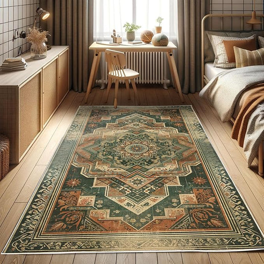 Ambesonne Oriental Boho Decorative Rug, Bohemian Flowery Mandala with Abstract Geometric Details Print, Quality Carpet for Bedroom Dorm and Living Room, 2' 5" x 5', Hunter Green Peach