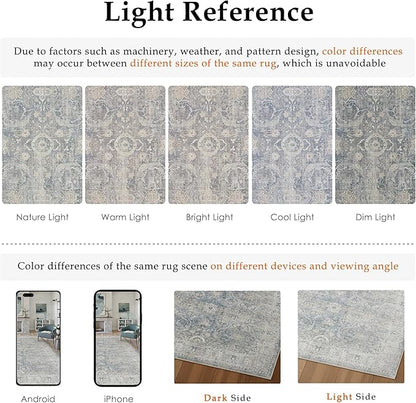 6x9 Blue Washable Area Rug for Living Room Bedroom Neutral Soft Non Slip Rug Low Pile Vintage Distressed Carpet for Dining Room Nursery Office Indoor