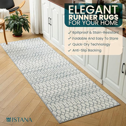 Istana Hallway Runner Rug 2.5x8 - Blue Kitchen Rugs Non Slip Washable -Silk's Soft Touch Carpet Runner - Stylish Runner Rugs for Home