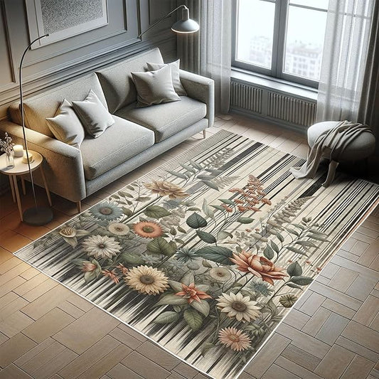 Ambesonne Botanical Decorative Rug, Nostalgic Garden Pattern with Flowers and Leaves on Retro Stripes, Quality Carpet for Bedroom Dorm and Living Room, 2' x 5', Sage Green and Salmon