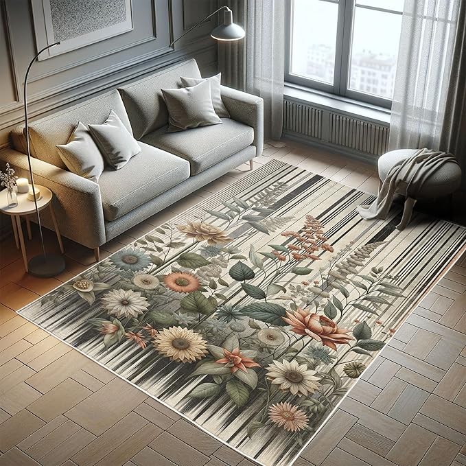 Ambesonne Botanical Decorative Rug, Nostalgic Garden Pattern with Flowers and Leaves on Retro Stripes, Quality Carpet for Bedroom Dorm and Living Room, 5' 1" X 7' 5", Sage Green and Salmon