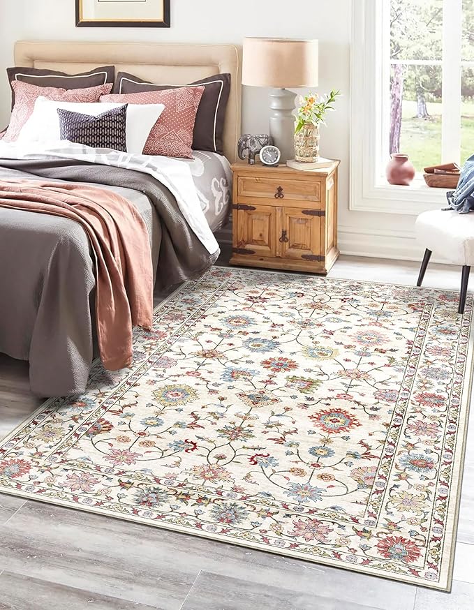 Washable Area Rug 4x6 - Traditional Floral Living Room Rug Soft Bedroom Rug Ultra-Thin Cream Colorful Vintage Farmhouse Dining Room Rugs Under Table Indoor Carpet for Living Room Office Mudroom