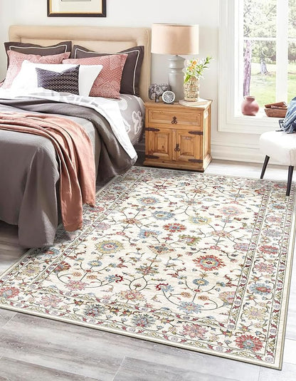 Washable Area Rug 4x6 - Traditional Floral Living Room Rug Soft Bedroom Rug Ultra-Thin Cream Colorful Vintage Farmhouse Dining Room Rugs Under Table Indoor Carpet for Living Room Office Mudroom