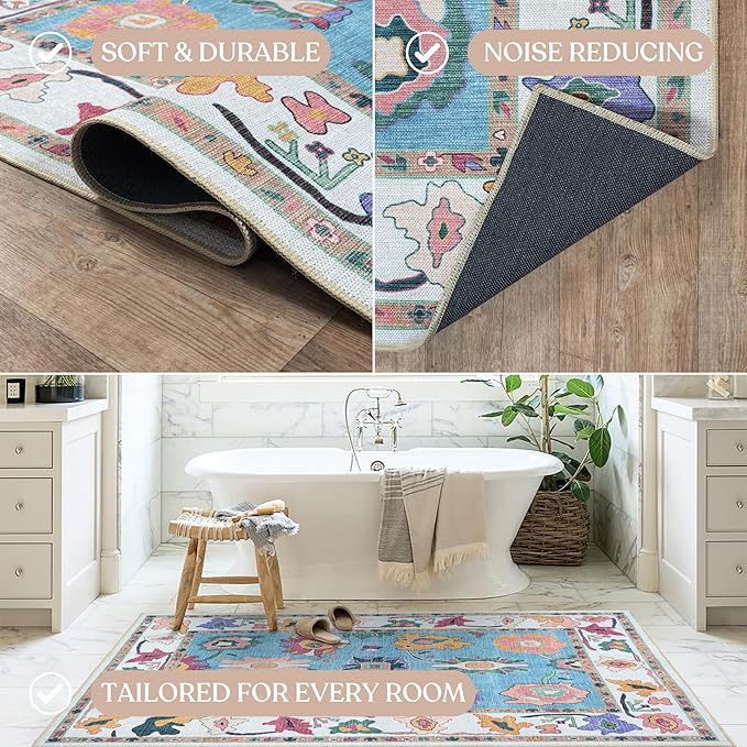 Fame Living Colorful Oushak Rug, Modern, Vintage, Turkish, Eclectic, Floral, Pastel, Washable, Extra Large Area Rugs for Living Room, Dining, Bedroom, Lounge, 9'x12'