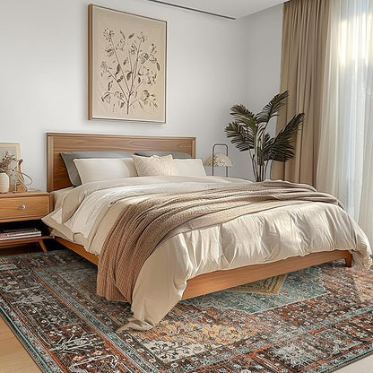 Bavni Washable Rug 3x5 Area Rug for Living Room Bedroom Dining, Washable Print Carpet, Low Pile Lightweight Rug with Non Slip Backing, Vintage Brown/Blue