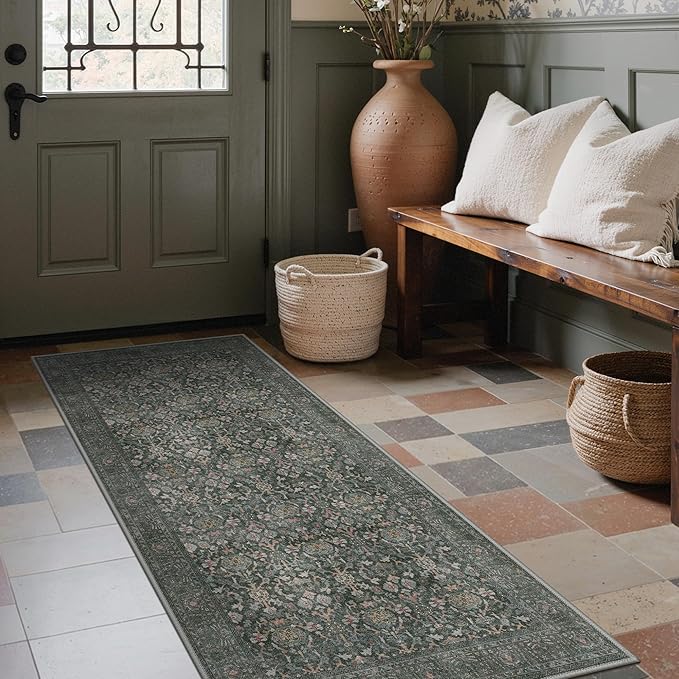 Bavni 2'6''x6 Rug Runners for Hallways, Washable Runner Rug Non Slip, Vintage Floral Print Style Rugs for Bedroom-Lightweight Low Pile Carpet for Hallways Bathroom, Dark Green
