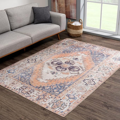 Bloom Rugs Washable 3' x 5' Rug - Orange/Blue/Beige Traditional Area Rug for Living Room, Bedroom, Dining Room, and Kitchen - Exact Size: 3' x 5'