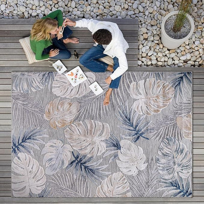 CAMILSON Indoor Outdoor Rug, Blue 10’x14’ Leaf Tropical Botanical Area Rugs for Indoor and Outdoor patios, Easy-Cleaning Non-Shedding Living Room, Garden and Kitchen Washable Outside Carpet (10x14)
