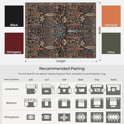 Kokia Boho Vintage Floral Area Rugs, Washable Oriental Botanical Rugs for Living Room, Bedroom, Dining Room, Office, Large Soft Indoor Area Rug, Wild Black，9x12