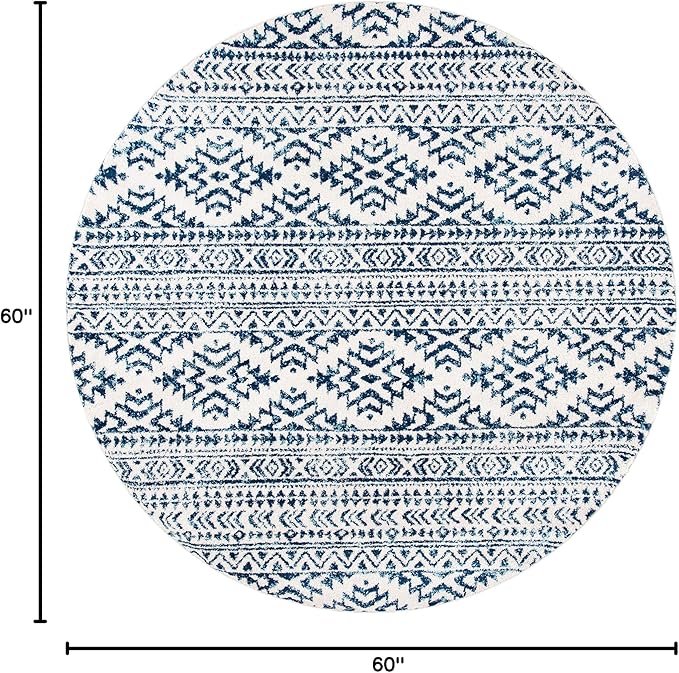 SAFAVIEH Tulum Collection Area Rug - 5' Round, Ivory & Navy, Moroccan Boho Tribal Design, Non-Shedding & Easy to Clean, Ideal for Living Room, Bedroom, Dining Space (TUL272D)