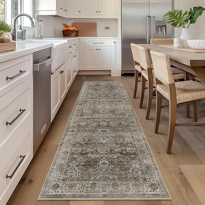 2x8 Runner Rug Grey Brown Vintage Washable Runner Rugs for Hallway Kitchen Low Pile Non-Slip Retro Distressed Accent Throw Carpet for Entryway Bathroom Bedroom Antique/Moss