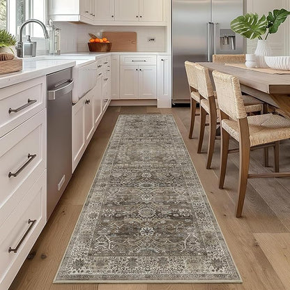 2x8 Runner Rug Grey Brown Vintage Washable Runner Rugs for Hallway Kitchen Low Pile Non-Slip Retro Distressed Accent Throw Carpet for Entryway Bathroom Bedroom Antique/Moss