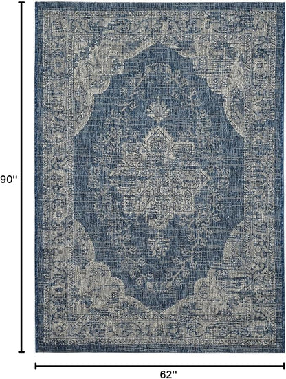 FH Home Outdoor Rug - Waterproof Easy to Clean Stain Resistant - Patio Indoor Outdoor Porch Deck Balcony Entryway - Vintage Distressed - Gorgan - Blue - 5ft 2in x 7ft 6in