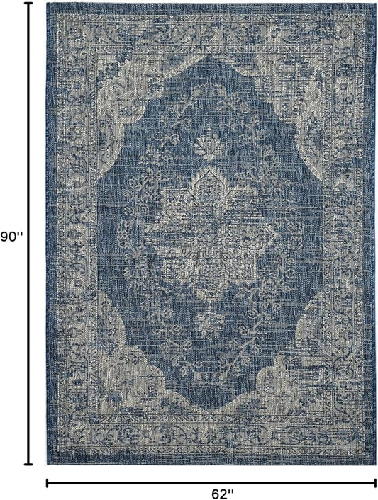 FH Home Outdoor Rug - Waterproof Easy to Clean Stain Resistant - Patio Indoor Outdoor Porch Deck Balcony Entryway - Vintage Distressed - Gorgan - Blue - 5ft 2in x 7ft 6in