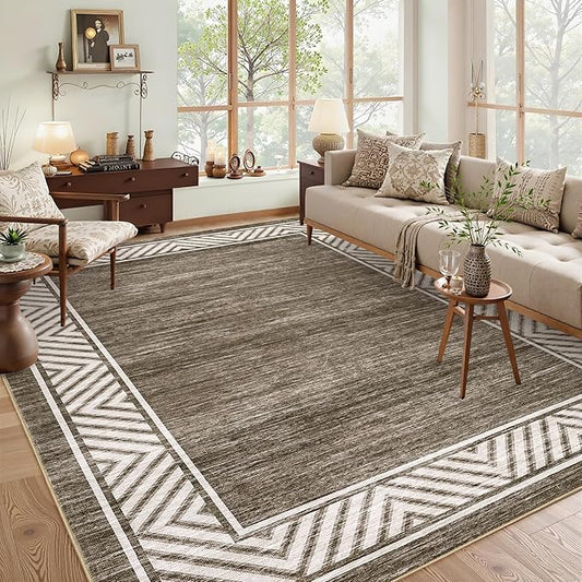 GarveeHome Modern Rugs for Living Room 8x10 Large Bordered Floor Mats with Non-Slip Backing, Stain-Resistant Bedroom Carpet, Foldable Geometric Indoor Rug for Dining Room, Kitchen, Brown