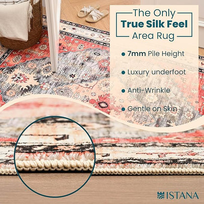 Istana Hallway Runner Rug 2.5x8 – Red/Teal Entryway Rug -Silk's Soft Touch Runners for Hallways - Stylish Kitchen Runner Rug Non Slip
